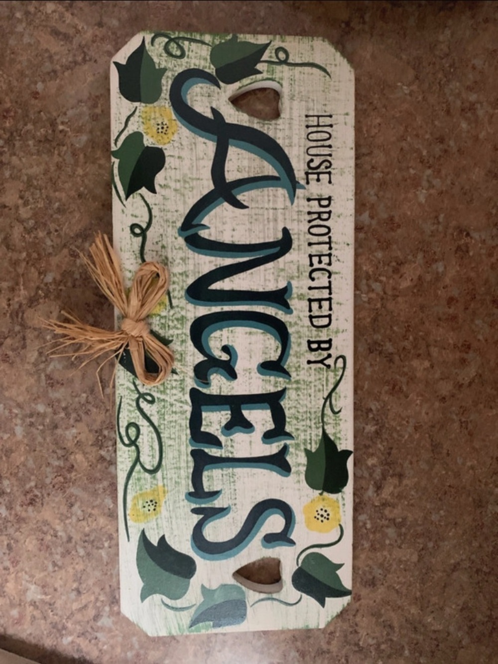 Accent Home Sign "House Protected By Angels" in Teal and Green